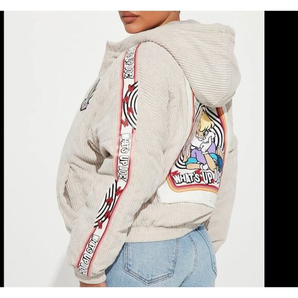 Looney Toons Members Only Bugs Bunny Corduroy Puffer Jacket in Taupe - Large - Picture 6 of 10